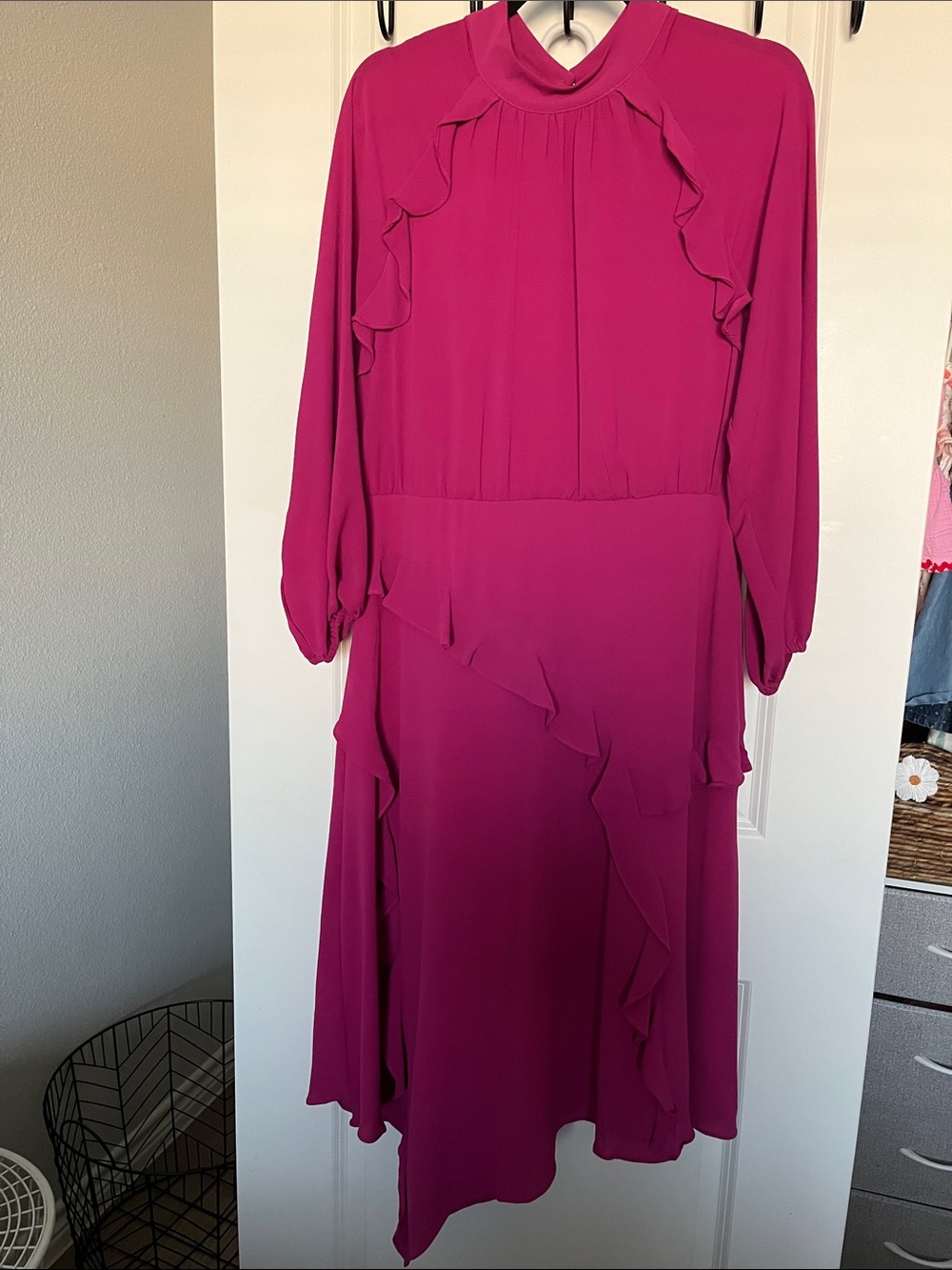 Women's Magenta Ruffle Long-Sleeve Dress